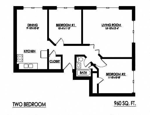 Floor plan for 2 beds, 1 bath, 960 sqft